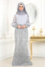 Evening Dresses - Grey Hijab Evening Dress 4544GR - Thumbnail