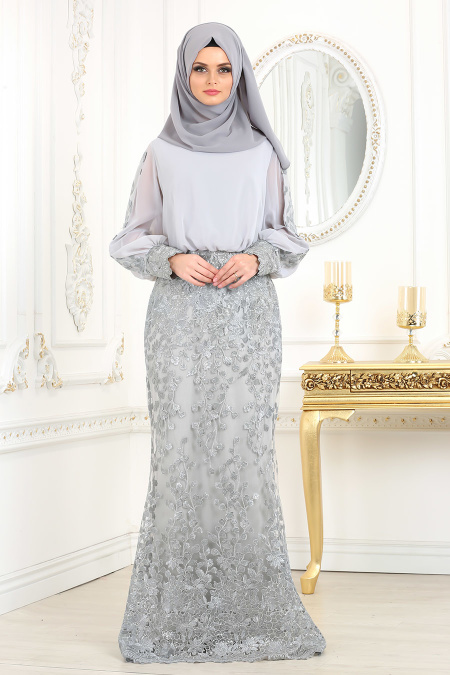 Evening Dresses - Grey Hijab Evening Dress 4544GR