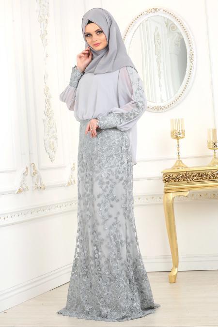 Evening Dresses - Grey Hijab Evening Dress 4544GR - 2
