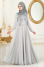 Evening Dresses - Grey Hijab Evening Dress 7954GR - Thumbnail