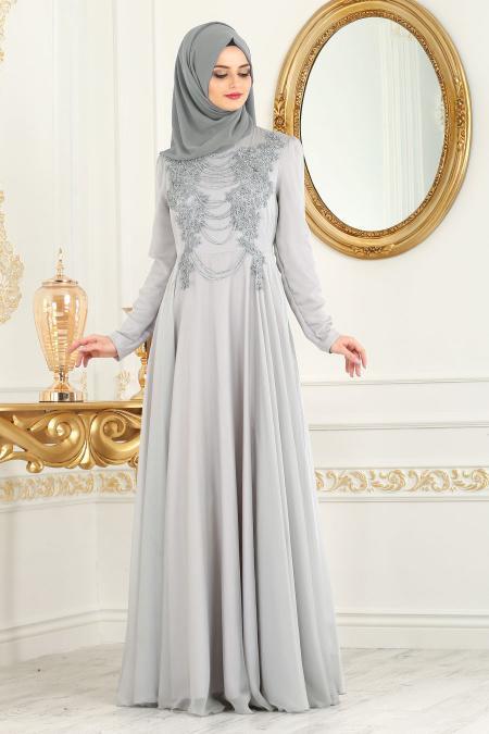 Evening Dresses - Grey Hijab Evening Dress 7954GR - 2