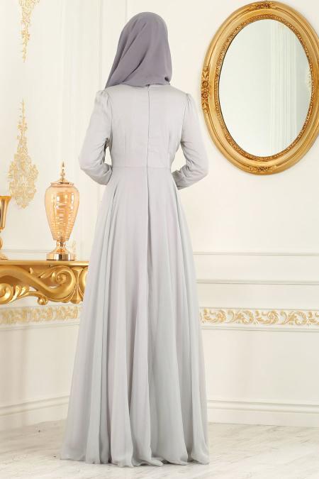 Evening Dresses - Grey Hijab Evening Dress 7954GR - 3