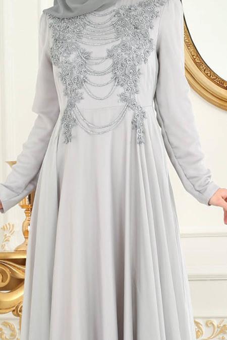 Evening Dresses - Grey Hijab Evening Dress 7954GR - 4