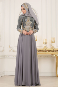 Evening Dresses - Grey Hijab Evening Dress 7973GR - Thumbnail
