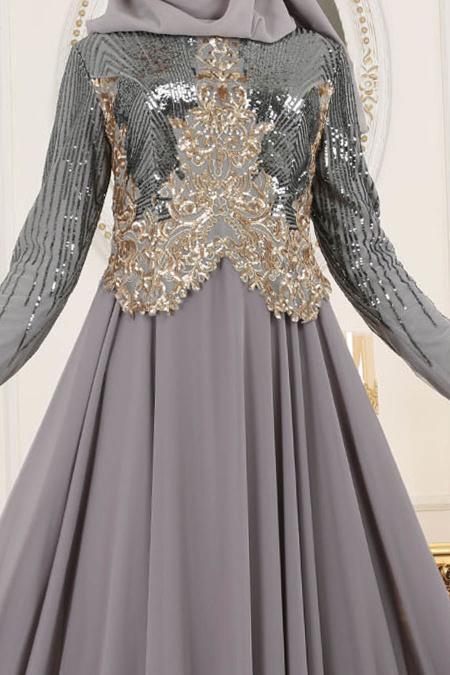 Evening Dresses - Grey Hijab Evening Dress 7973GR - 4