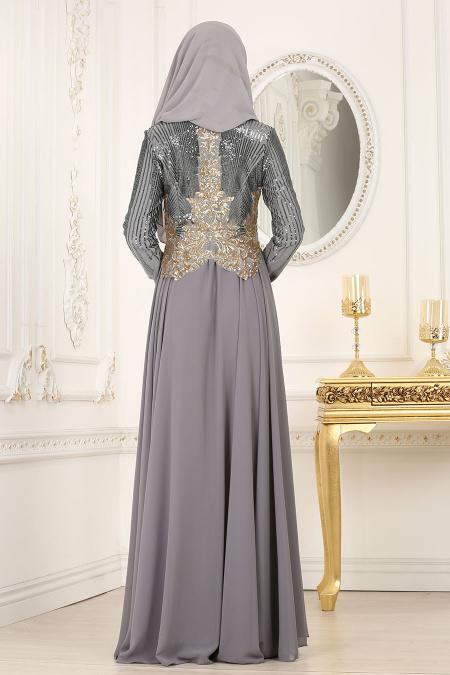 Evening Dresses - Grey Hijab Evening Dress 7973GR - 3