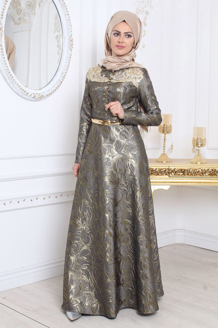 Evening Dresses - Grey Hijab Evening Dress 7974GR