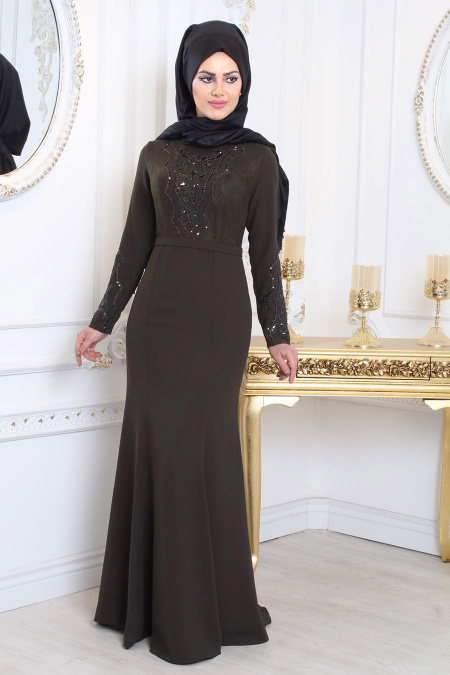 Evening Dresses - Khaki Hijab Evening Dress 7956HK