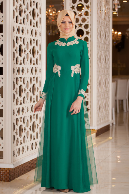 Evening Dresses - Light Green Hijab Dress 2255AY