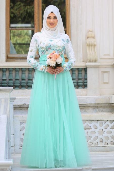 Evening Dresses - Mint Hijab Evening Dress 7515MINT - 1