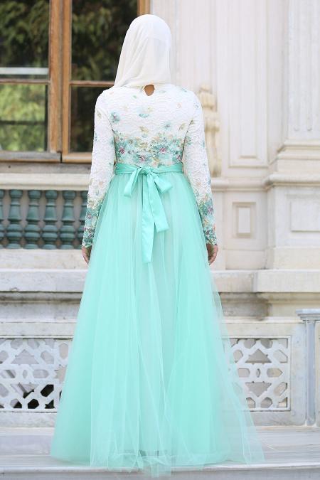 Evening Dresses - Mint Hijab Evening Dress 7515MINT - 3