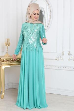 Evening Dresses - Mint Hijab Evening Dress 7962MINT - 1