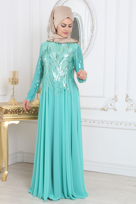 Evening Dresses - Mint Hijab Evening Dress 7962MINT