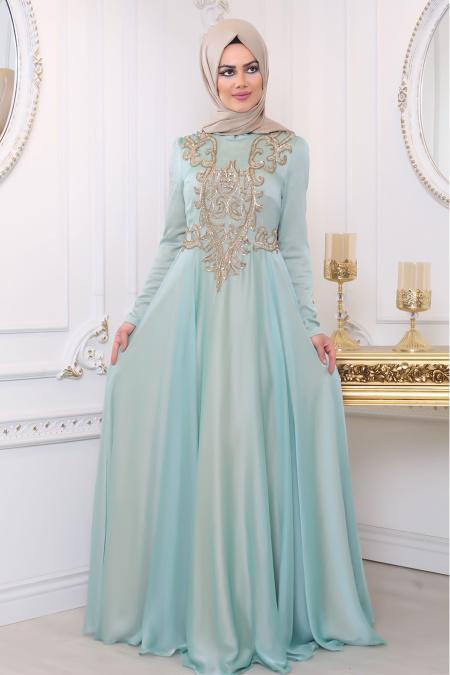 Evening Dresses - Mint Hijab Evening Dress 7996MINT - 1