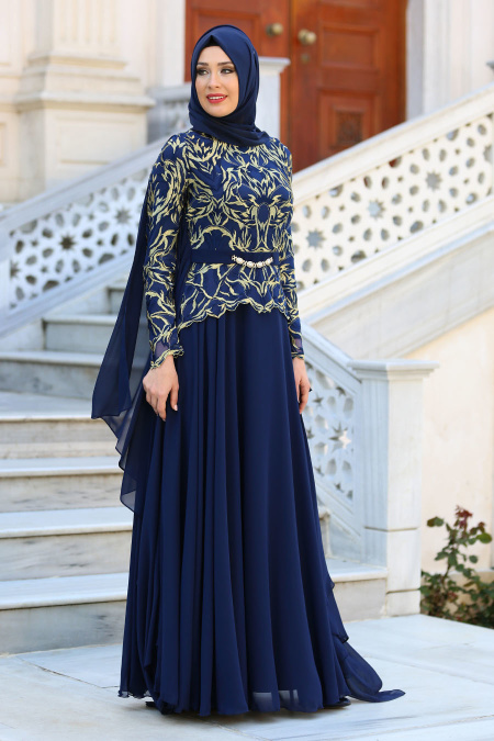 Evening Dresses - Navy Blue Evening Dress 7556L