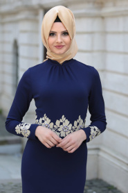 Evening Dresses - Navy Blue Hijab Dress 10048L - Thumbnail