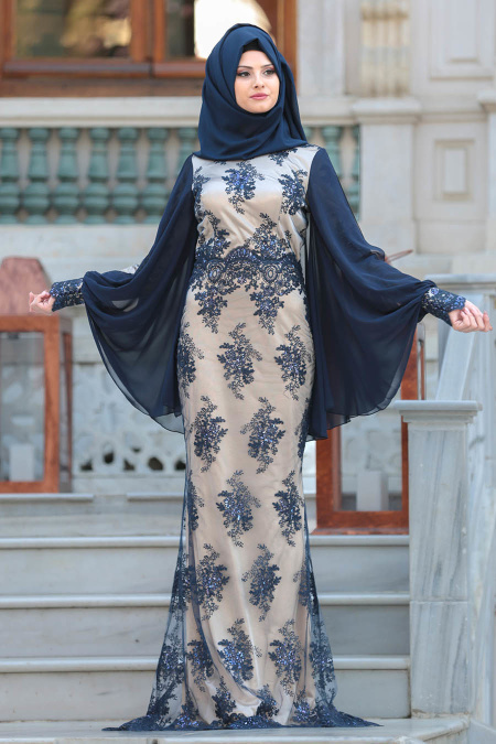 Evening Dresses - Navy Blue Hijab Dress 1090L