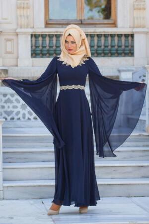 Evening Dresses - Navy Blue Hijab Dress 2133L - 1