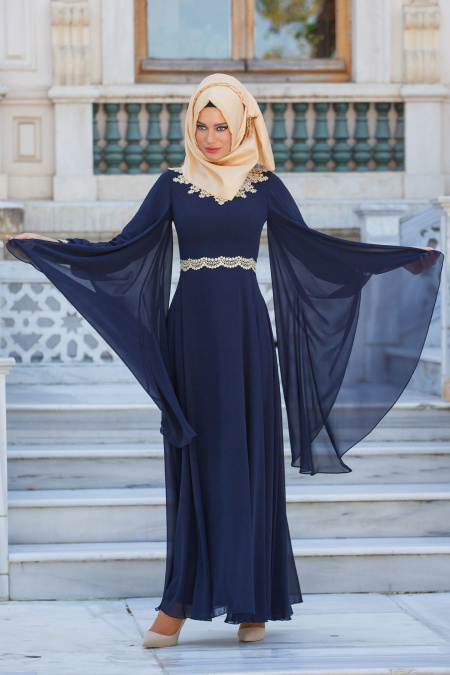 Evening Dresses - Navy Blue Hijab Dress 2133L