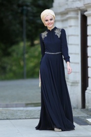Evening Dresses - Navy Blue Hijab Dress 2156L - Thumbnail
