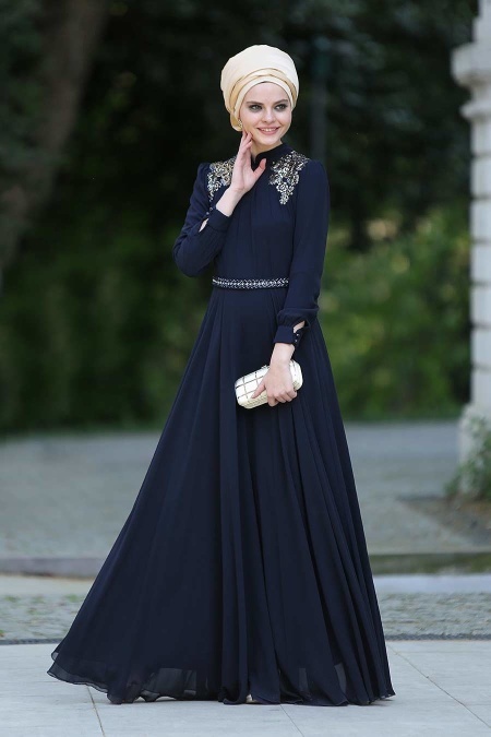 Evening Dresses - Navy Blue Hijab Dress 2156L