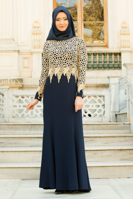 Evening Dresses - Navy Blue Hijab Dress 2165L