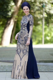 Evening Dresses - Navy Blue Hijab Dress 2188L - Thumbnail