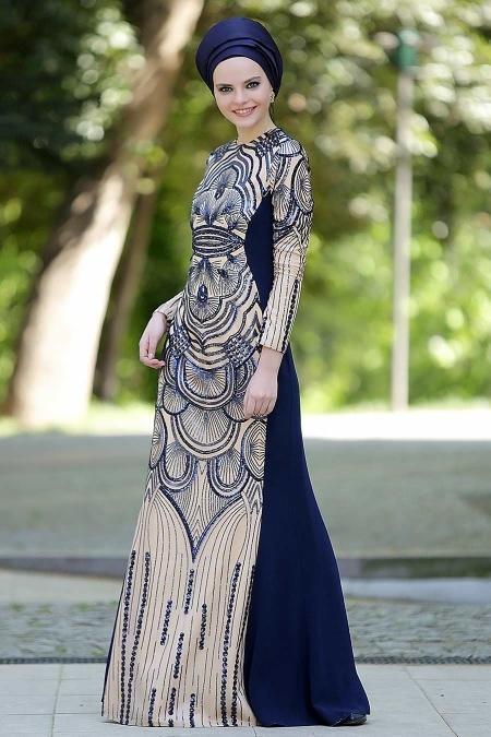 Evening Dresses - Navy Blue Hijab Dress 2188L - 2