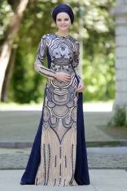 Evening Dresses - Navy Blue Hijab Dress 2188L - Thumbnail