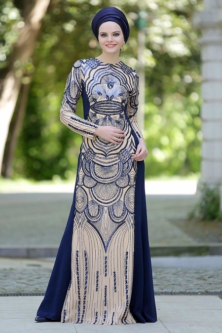 Evening Dresses - Navy Blue Hijab Dress 2188L