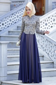 Evening Dresses - Navy Blue Hijab Dress 2209L - Thumbnail
