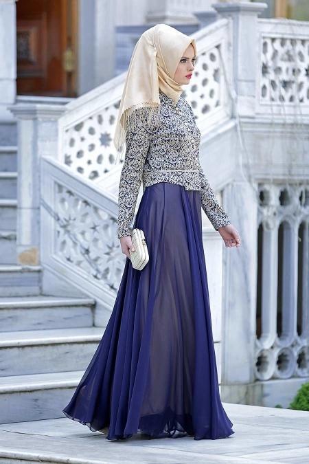 Evening Dresses - Navy Blue Hijab Dress 2209L - 2