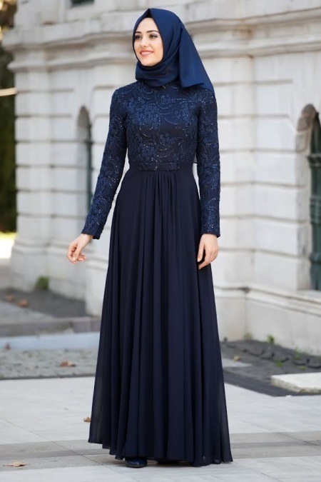 Evening Dresses - Navy Blue Hijab Dress 2210L