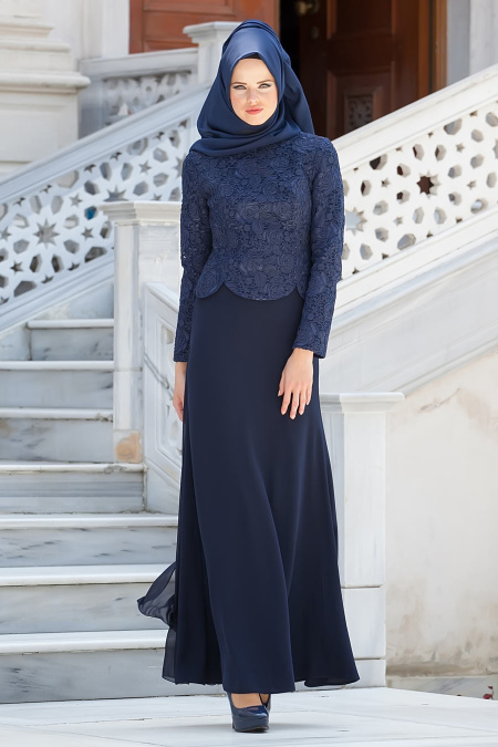 Evening Dresses - Navy Blue Hijab Dress 2215L