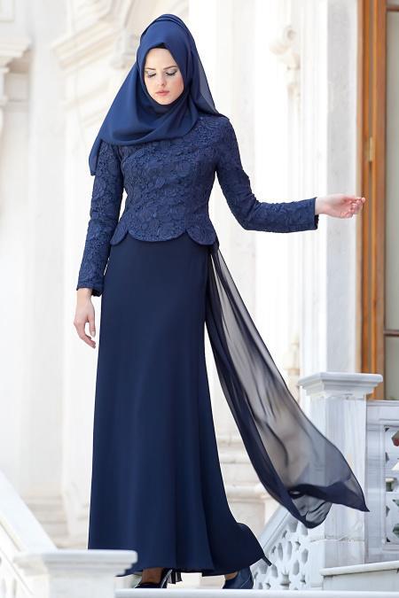 Evening Dresses - Navy Blue Hijab Dress 2215L - 2