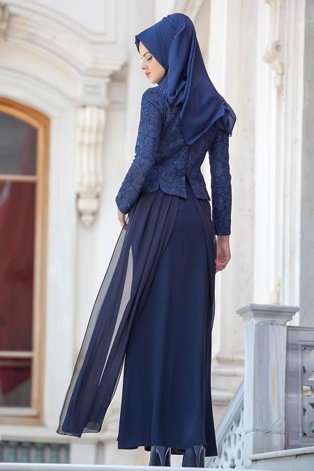 Evening Dresses - Navy Blue Hijab Dress 2215L - 3