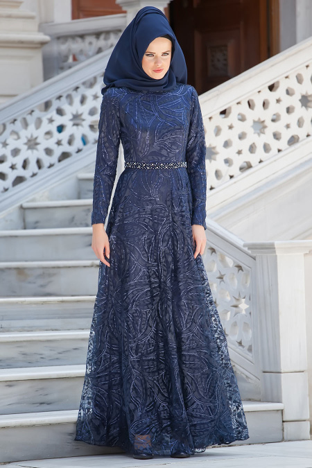 Evening Dresses - Navy Blue Hijab Dress 2217L
