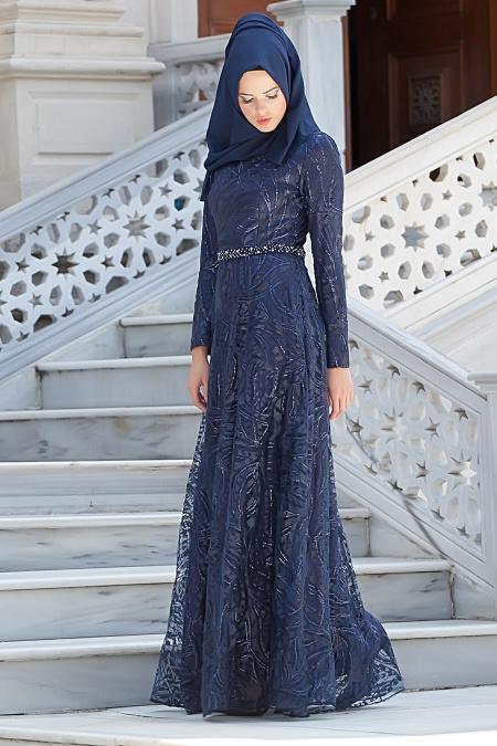 Evening Dresses - Navy Blue Hijab Dress 2217L - 2