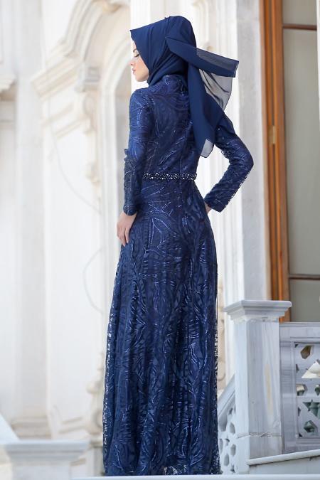 Evening Dresses - Navy Blue Hijab Dress 2217L - 3