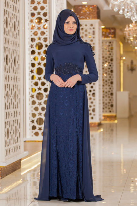 Evening Dresses - Navy Blue Hijab Dress 2222L