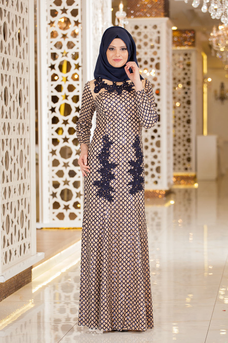 Evening Dresses - Navy Blue Hijab Dress 2224L