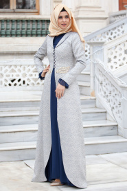 Evening Dresses - Navy Blue Hijab Dress 2225L - Thumbnail