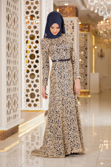Evening Dresses - Navy Blue Hijab Dress 2226L