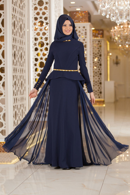Evening Dresses - Navy Blue Hijab Dress 2231L