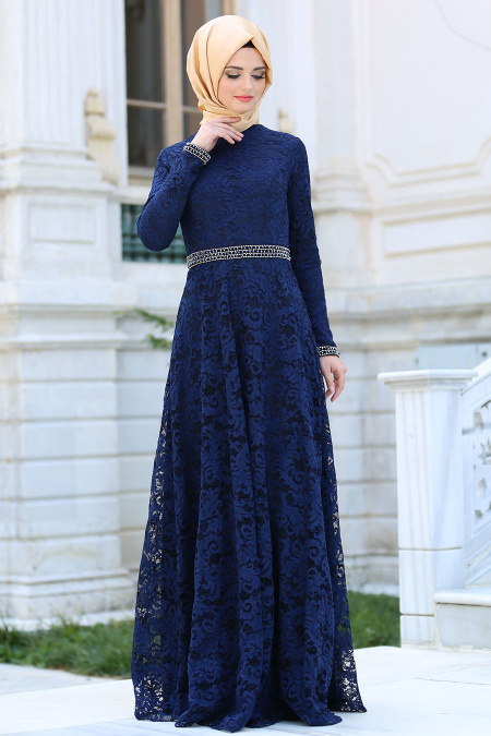 Evening Dresses - Navy Blue Hijab Dress 2288L