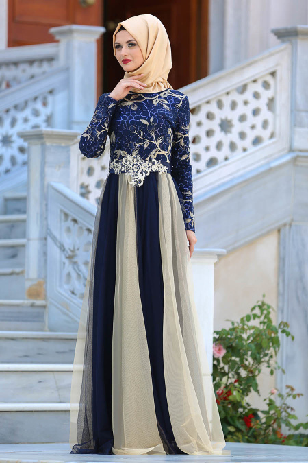 Evening Dresses - Navy Blue Hijab Dress 2764L