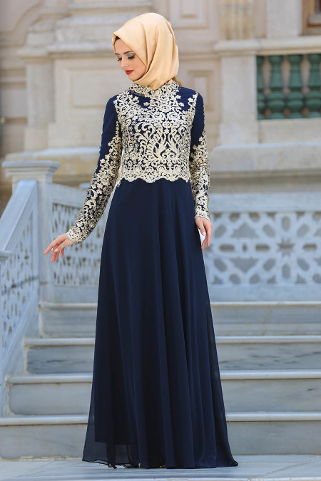 Evening Dresses - Navy Blue Hijab Dress 3224L