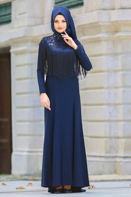 Evening Dresses - Navy Blue Hijab Dress 3547L