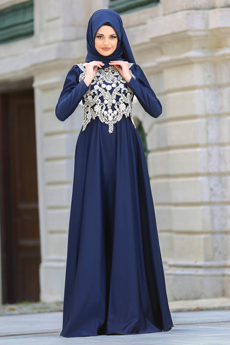 Evening Dresses - Navy Blue Hijab Dress 3589L