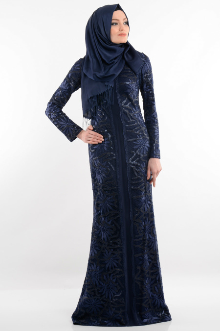 Evening Dresses - Navy Blue Hijab Dress 3921L